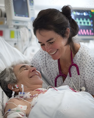 Smiling Nurse Caring for Elderly Patient in Hospital Bed