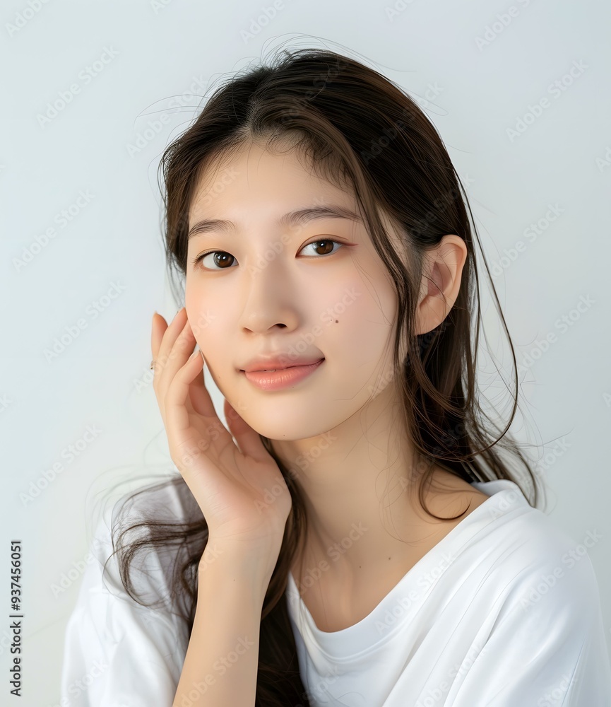 Beautiful Young Asian Woman with Brown Hair Smiling and Looking at Camera Beautiful Young Asian Woman with Brown Hair Smiling and Looking at Camera