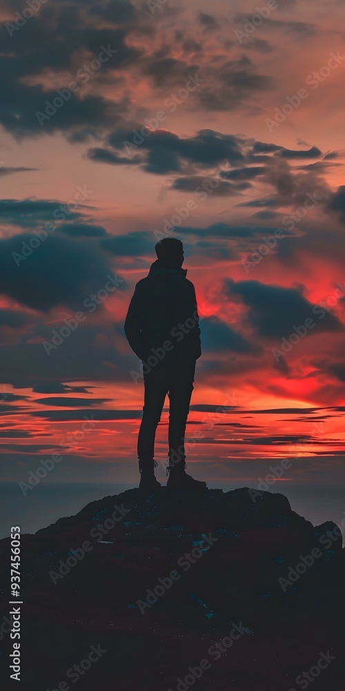 Obraz premium Silhouette of a Man Standing on a Cliff During Sunset