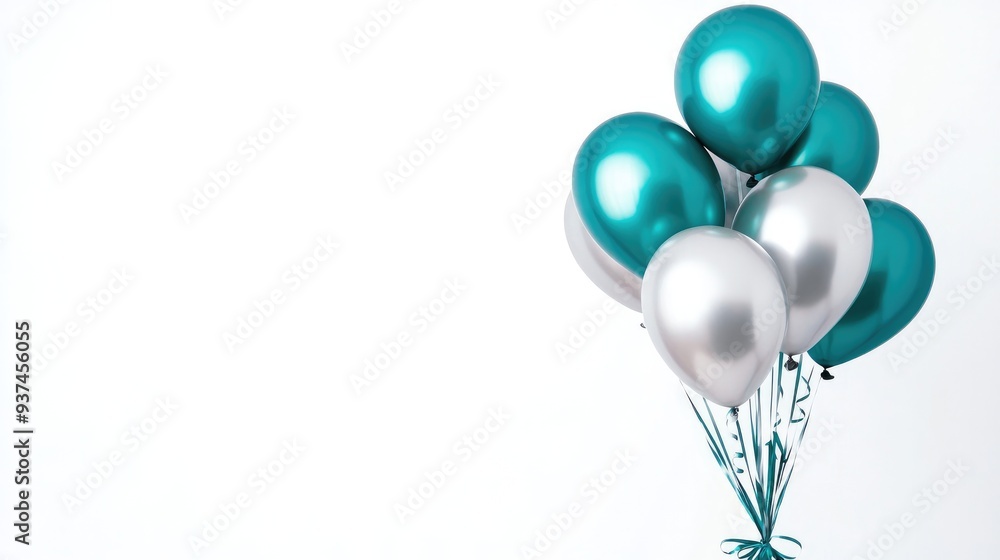 Elegant teal and silver balloons tied with ribbon, floating against a white background Elegant teal and silver balloons tied with ribbon, floating against a white background