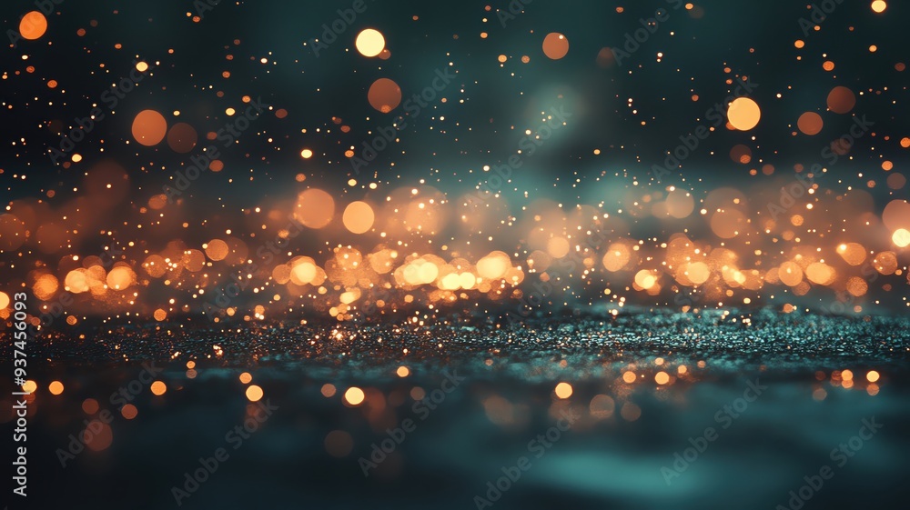 Naklejka premium Stunning close-up of shimmering particles and bokeh lights in a dark, dreamy atmosphere, perfect for creating a magical touch.