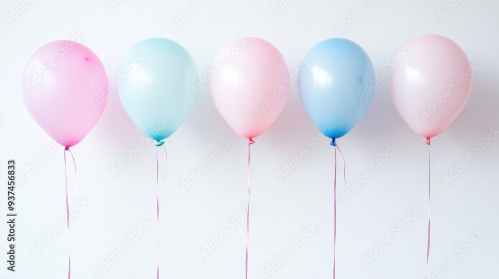 Group of pastel-colored balloons tied together, floating against a clean white backdrop, soft and elegant Group of pastel-colored balloons tied together, floating against a clean white backdrop, soft and elegant