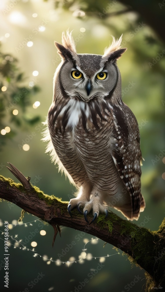 Obraz premium A majestic owl perched on a mossy branch in a sunlit forest setting.