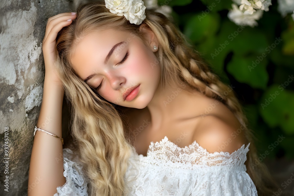 Young Blonde Woman with Eyes Closed Wearing White Dress in a Flower Garden Young Blonde Woman with Eyes Closed Wearing White Dress in a Flower Garden