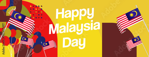 Malaysia Day Banner with modern geometric ornaments. Wide background design suitable for greetings celebrating Malaysia National Day and Independence Day.