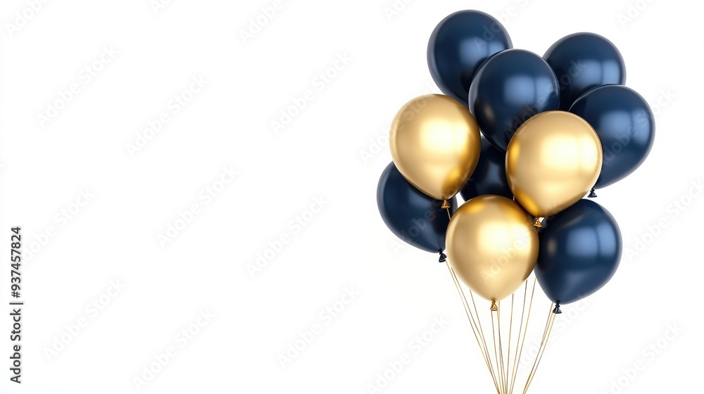 Luxurious navy and gold balloons tied together, isolated on a bright white background Luxurious navy and gold balloons tied together, isolated on a bright white background