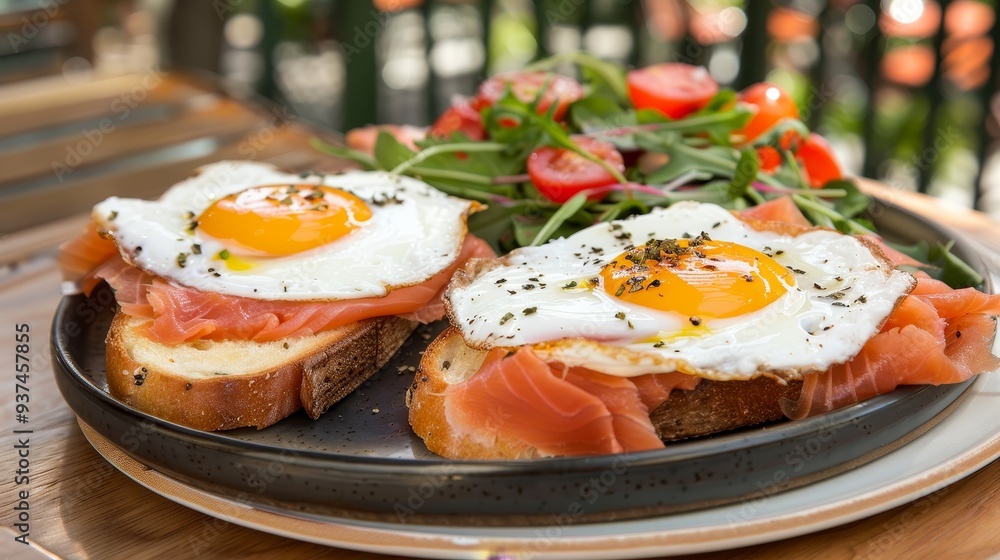 Close-Up of Smoked Salmon on Toasted Bread with Sunny-Side-Up Eggs Served at an Outdoor Restaurant, Highlighting Gourmet Breakfast, Fresh Ingredients, and Al Fresco Dining Experience Close-Up of Smoked Salmon on Toasted Bread with Sunny-Side-Up Eggs Served at an Outdoor Restaurant, Highlighting Gourmet Breakfast, Fresh Ingredients, and Al Fresco Dining Experience