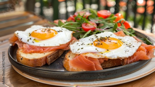 Close-Up of Smoked Salmon on Toasted Bread with Sunny-Side-Up Eggs Served at an Outdoor Restaurant, Highlighting Gourmet Breakfast, Fresh Ingredients, and Al Fresco Dining Experience photo