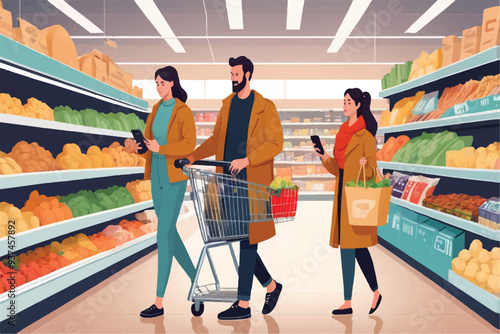 Supermarket shop food grocery store with people concept. Vector graphic design illustration