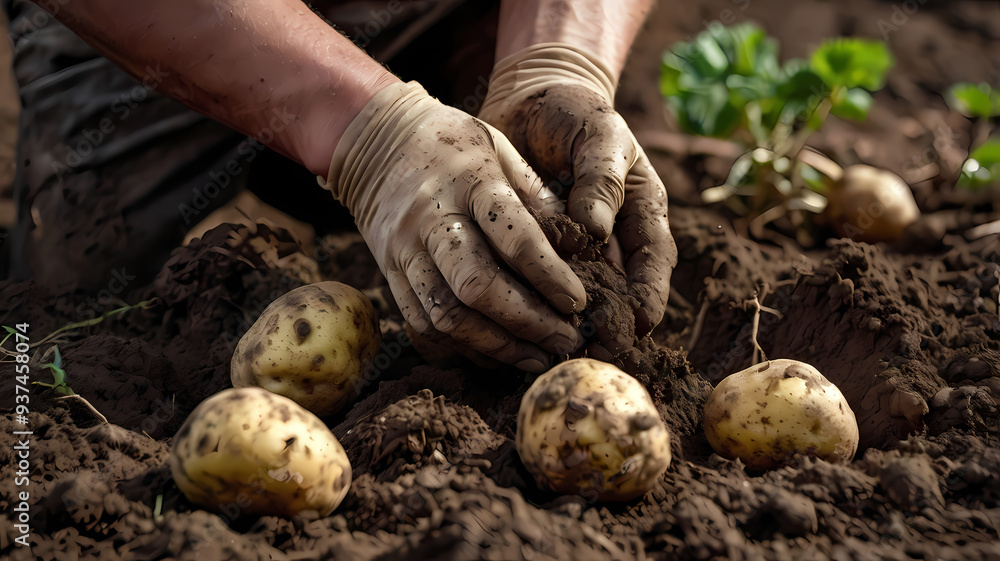 A close-up shot of dirt-covered hands pulling fresh potatoes from the rich, dark soil A close-up shot of dirt-covered hands pulling fresh potatoes from the rich, dark soil