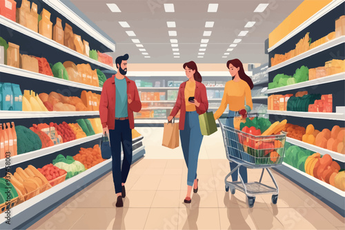 Supermarket shop food grocery store with people concept. Vector graphic design illustration