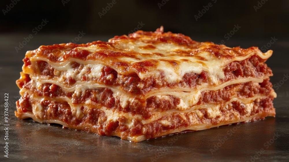 A traditional single slice of lasagna in a studio environment A traditional single slice of lasagna in a studio environment