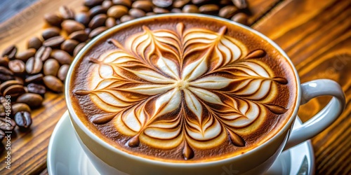 Breathtaking bird's eye view of frothy coffee cream art in shallow depth photo