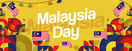 Malaysia Day Banner with modern geometric ornaments. Wide background design suitable for greetings celebrating Malaysia National Day and Independence Day.