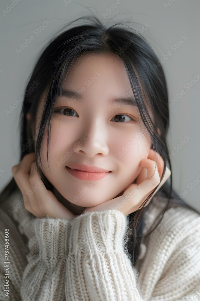 Beautiful Asian Woman with Long Black Hair Smiling
