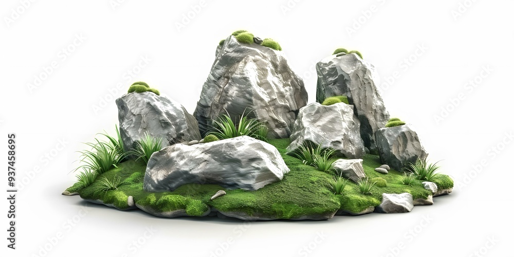 Isolated 3D Render of Rocks with Moss and Grass Isolated 3D Render of Rocks with Moss and Grass
