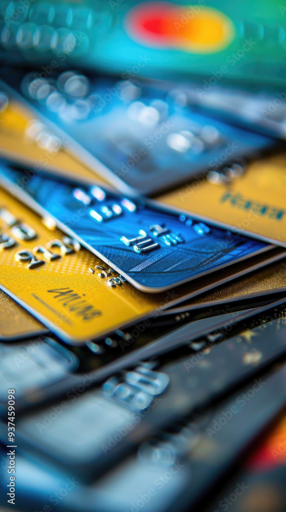 Close-up of stacked credit and debit cards. Generative AI image Close-up of stacked credit and debit cards. Generative AI image