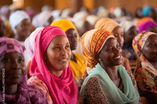 Smiling African women in colorful hijabs attending an event. Generative AI image