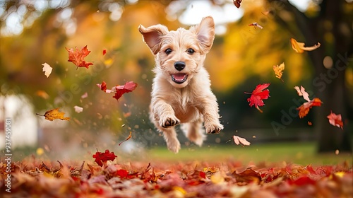 Enthusiastic puppy jumping from a pile of red and yellow autumn leaves in park