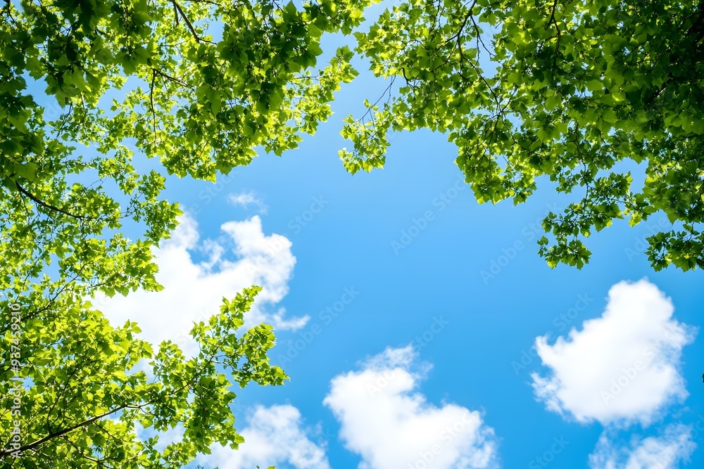 Green Leaves Against a Blue Sky with White Clouds Green Leaves Against a Blue Sky with White Clouds