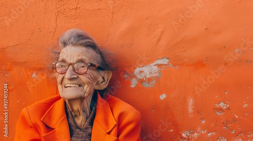 Smiling Elderly Woman with Glasses Against Warm Red Background, Embodying Warmth and Wisdom, Ideal for Senior Care and Lifestyle Themes photo