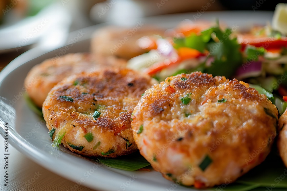 Thai Fish Cakes with Fresh Salad, Traditional Thai Appetizer Thai Fish Cakes with Fresh Salad, Traditional Thai Appetizer