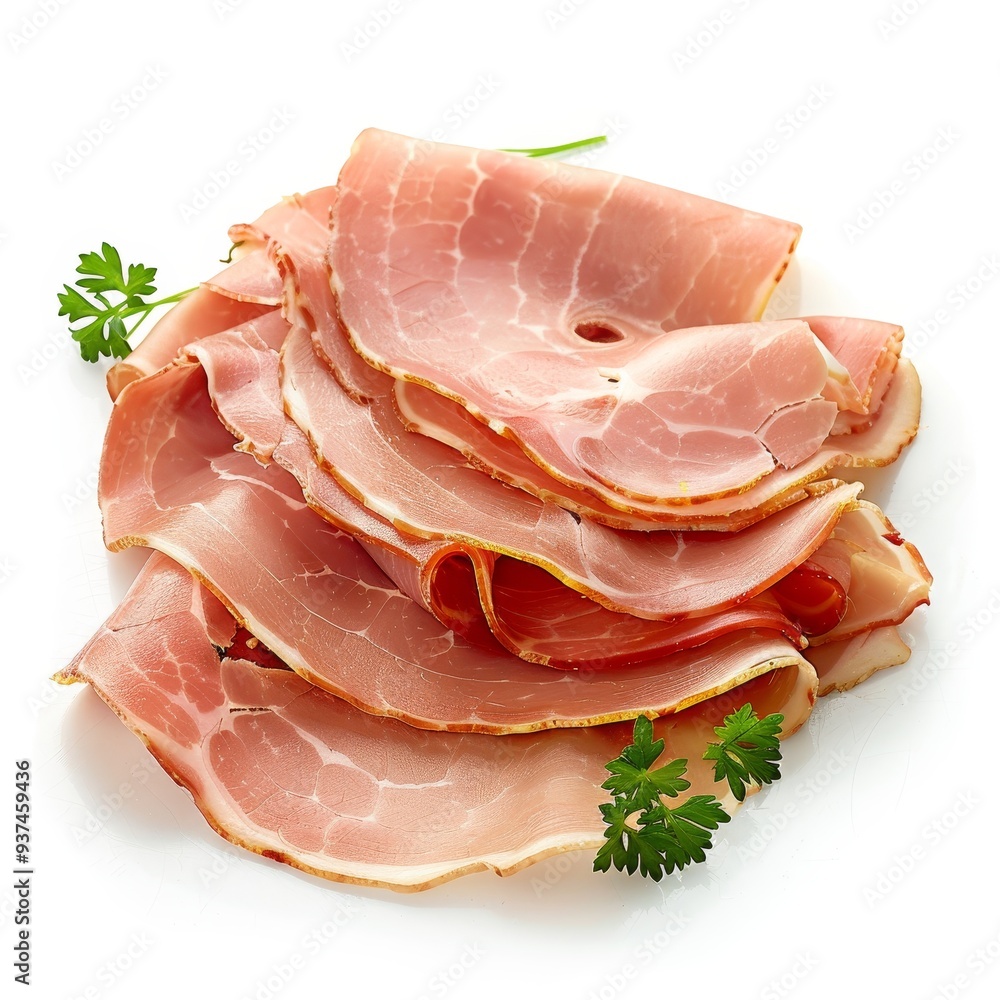 Close-up of thinly sliced ham, arranged in a pile with fresh parsley. Close-up of thinly sliced ham, arranged in a pile with fresh parsley.