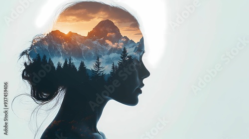 A serene woman silhouette with a nature landscape reflected in her mind, symbolizing creativity and connection to the earth.