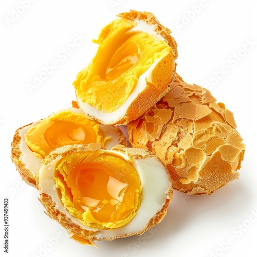 Close-up of three soft-boiled eggs, one cracked open, revealing the yolk and white. photo