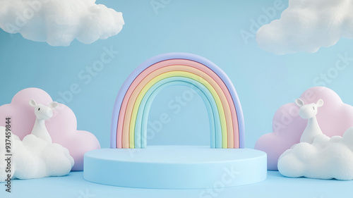 3D rendering, cartoon style, podium display with playful clouds and rainbow arches on either side, pastel blue background, soft curved shapes, smooth clay-like texture, Blender modeling, Eevee render, photo