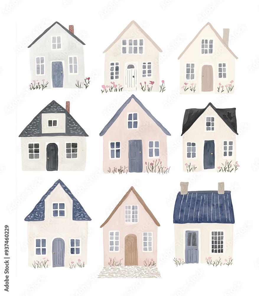 Watercolor illustration, a quaint village scene with a row of colorful houses, each with a unique door and window design. The houses are surrounded by blooming flowerbeds, and a cobblestone path leads Watercolor illustration, a quaint village scene with a row of colorful houses, each with a unique door and window design. The houses are surrounded by blooming flowerbeds, and a cobblestone path leads