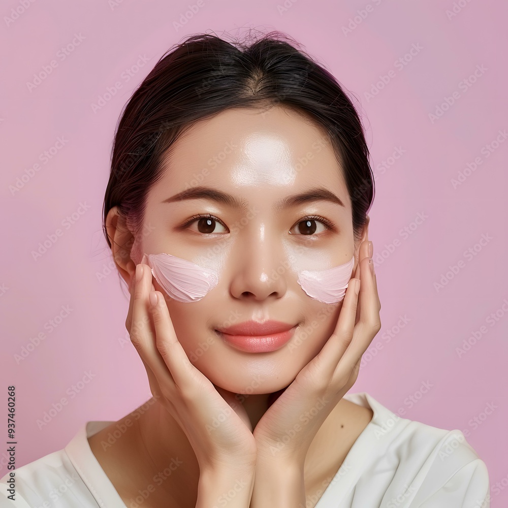 Woman Applying Pink Facial Mask on Pink Background Woman Applying Pink Facial Mask on Pink Background