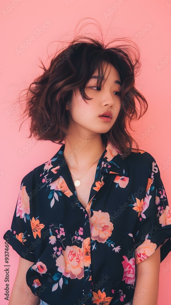 Portrait of a Young Woman with Short Hair Wearing a Floral Shirt