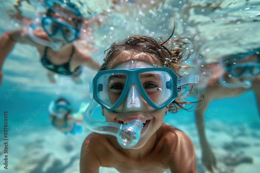Fototapeta premium Underwater fun with friends in swimming masks Generative AI image