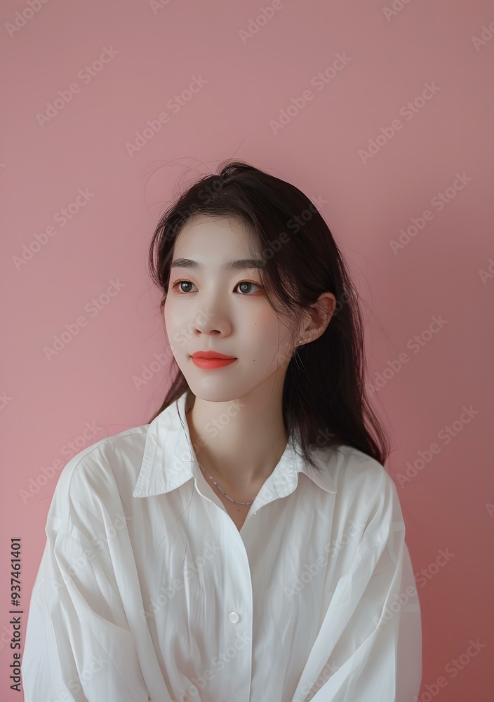 Portrait of a Young Asian Woman Wearing a White Shirt Against a Pink Background Portrait of a Young Asian Woman Wearing a White Shirt Against a Pink Background