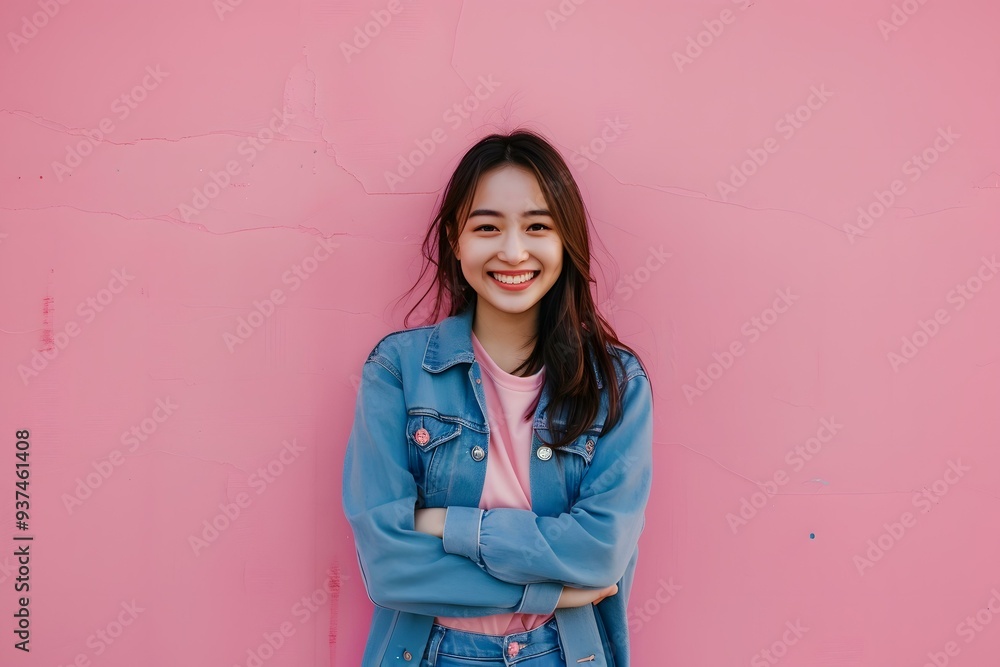 Smiling Asian Woman in Blue Denim Jacket Standing Against Pink Wall Smiling Asian Woman in Blue Denim Jacket Standing Against Pink Wall