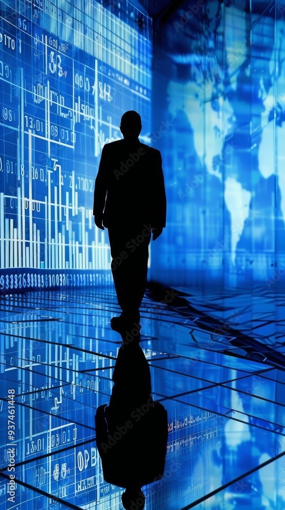 Obraz premium Global Businessman Silhouette A solitary figure stands tall, bathed in the blue glow of digital data and a world map, symbolizing the global reach and influence of modern business.