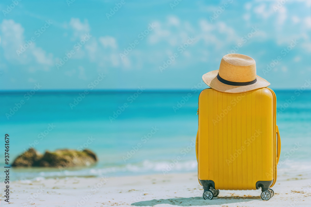 Yellow suitcase with straw hat enjoying sunny day on tropical beach with turquoise water background. High quality photo Yellow suitcase with straw hat enjoying sunny day on tropical beach with turquoise water background. High quality photo