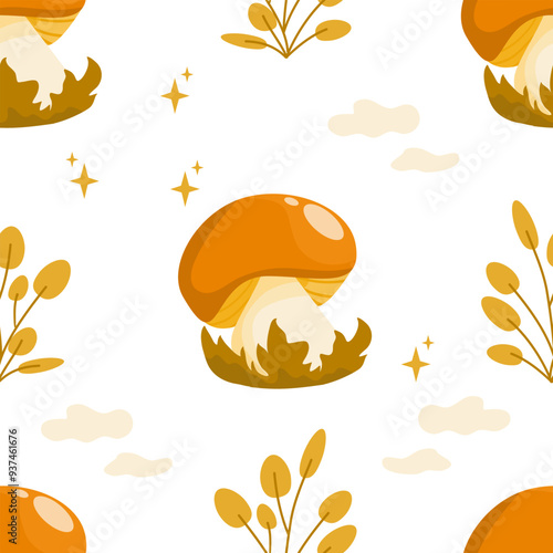 Happy harvest, seamless pattern with mushrooms and herbs photo