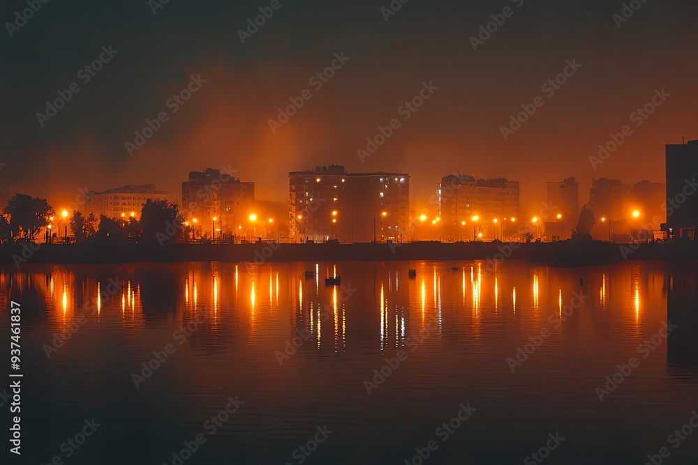 A serene night scene with glowing lights reflecting on a calm water surface. A serene night scene with glowing lights reflecting on a calm water surface.
