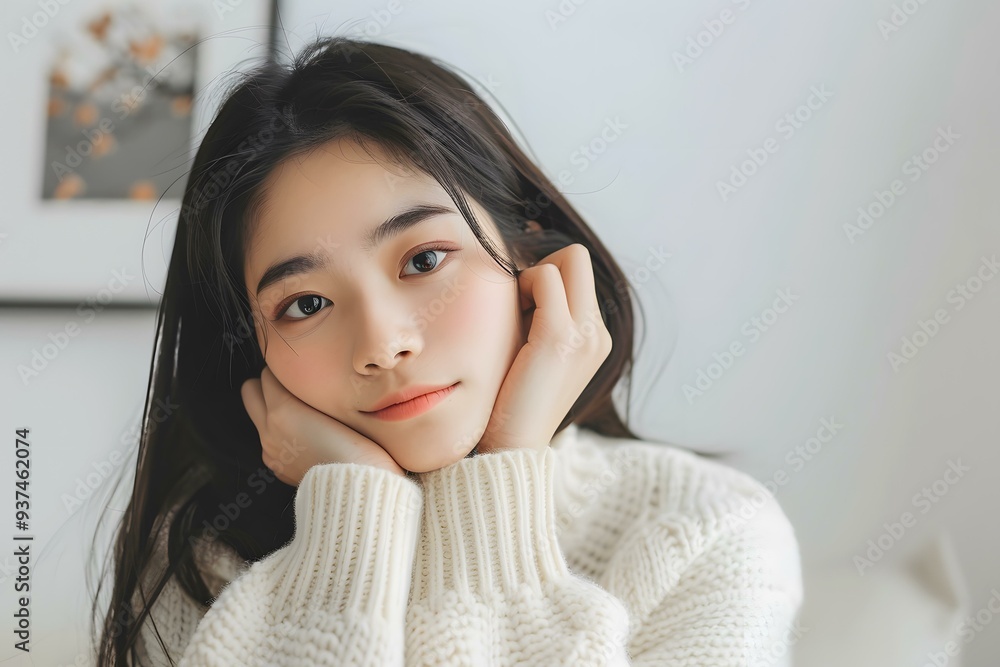 Portrait of a Young Asian Woman with Long Black Hair Wearing a White Sweater Portrait of a Young Asian Woman with Long Black Hair Wearing a White Sweater