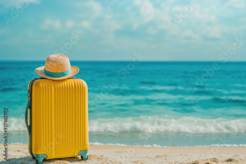 Yellow suitcase with a straw hat on top is standing on a sandy beach in front of the beautiful ocean. High quality photo