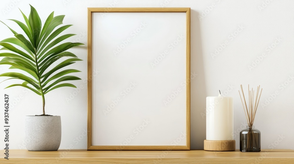 mockup frame on a natural wood table, white wall, and subtle decor with a candle and plant mockup frame on a natural wood table, white wall, and subtle decor with a candle and plant