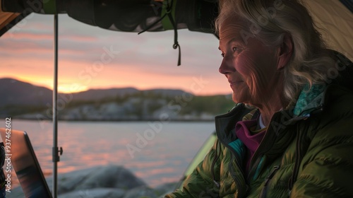 Elderly Woman Working on Laptop in Tent During Sunset Camping in Nature, Emphasizing Outdoor Adventure, Technology Use, and Active Senior Lifestyle photo