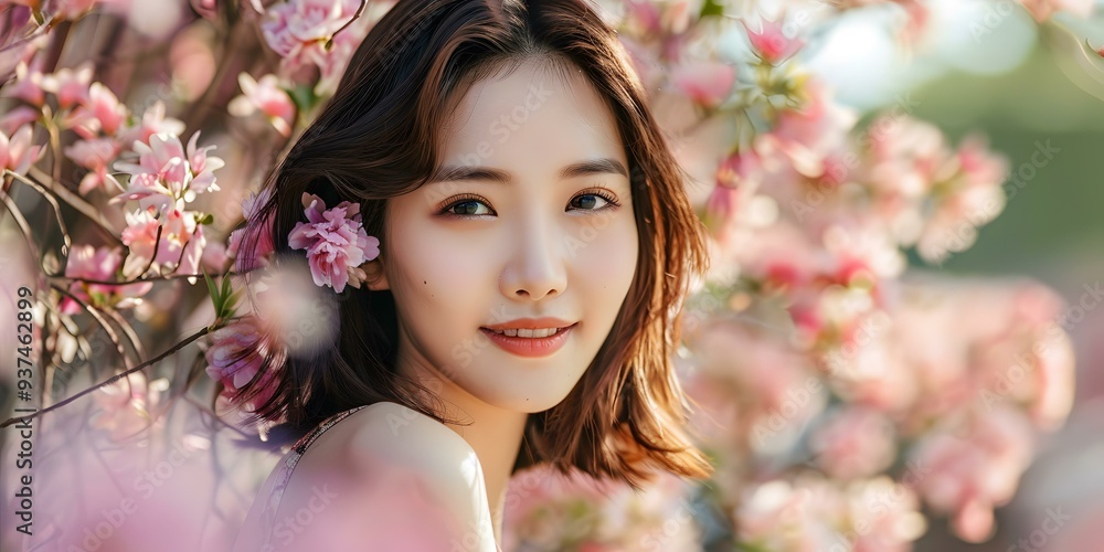 Beautiful Woman With Pink Flowers in Her Hair Beautiful Woman With Pink Flowers in Her Hair