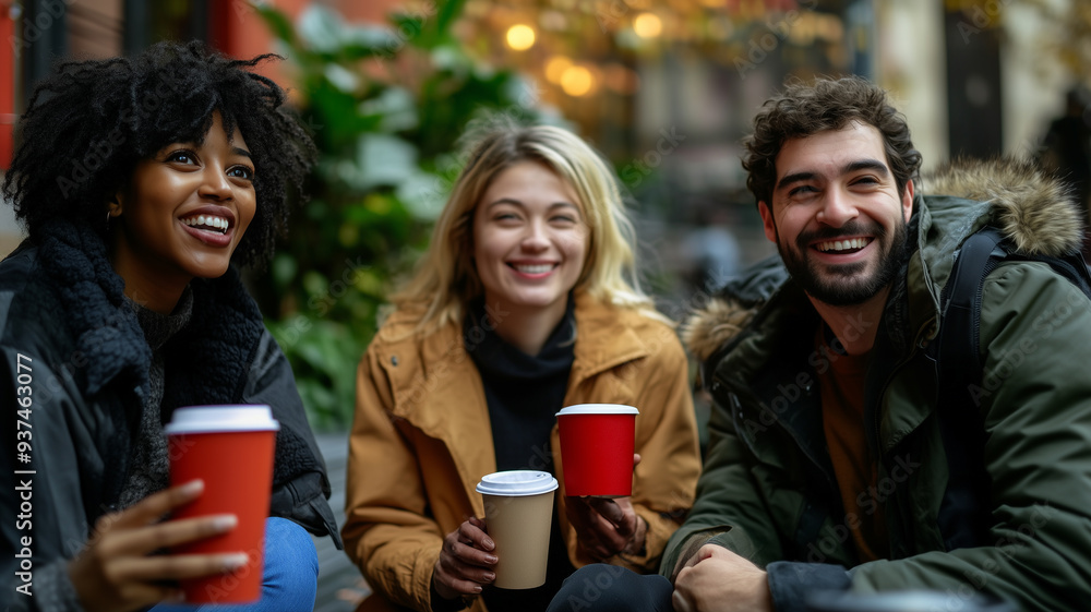 Obraz premium copy space, stockphoto, multiracial casual coworkers taking a coffee break, informal office setting. People with different origin, ethnic background taking a coffee pause. Difference, inclusive theme.