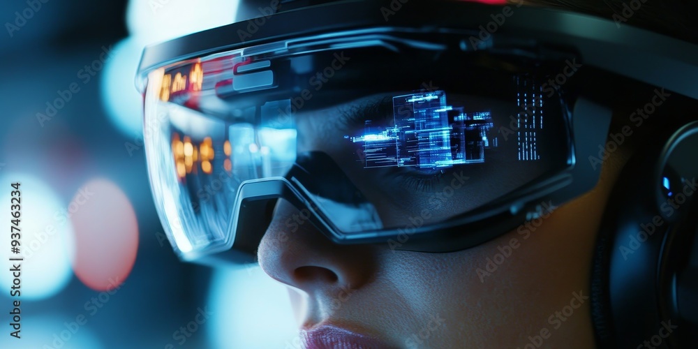 Detailed view of an AR headset with integrated sensors, real-time tracking and digital content seamlessly interacting with the physical world Detailed view of an AR headset with integrated sensors, real-time tracking and digital content seamlessly interacting with the physical world