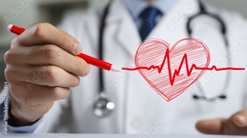 The doctor draws a heart with a heartbeat line, symbolizing the health of the cardiovascular system photo