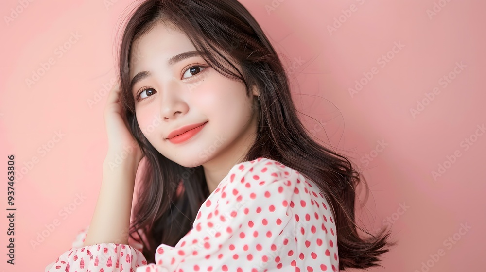 Portrait of a Young Asian Woman with Long Black Hair Against a Pink Background Portrait of a Young Asian Woman with Long Black Hair Against a Pink Background