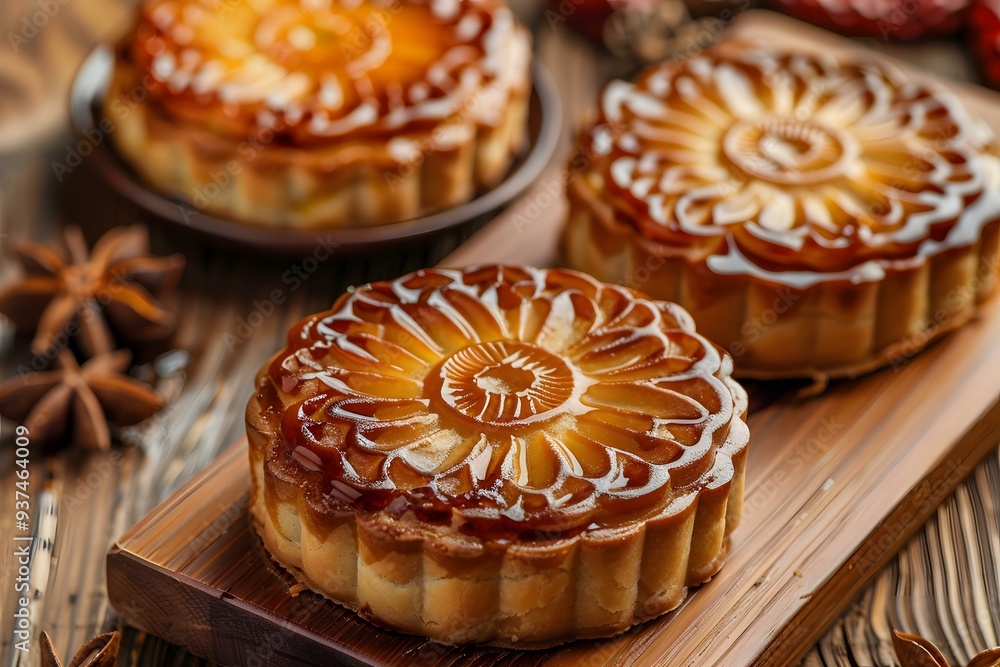 Close up of Delicious Mooncakes with a Flower Design Close up of Delicious Mooncakes with a Flower Design